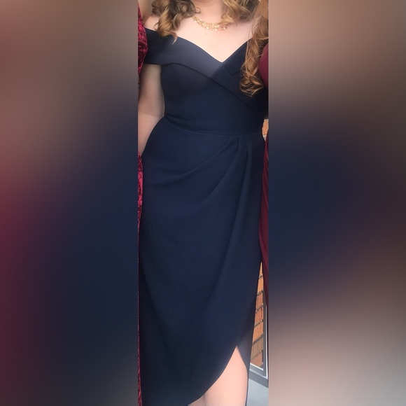 Xscape Women's Midi Scuba Crepe Off The Shoulder Dress in Navy - Picture 7 of 7